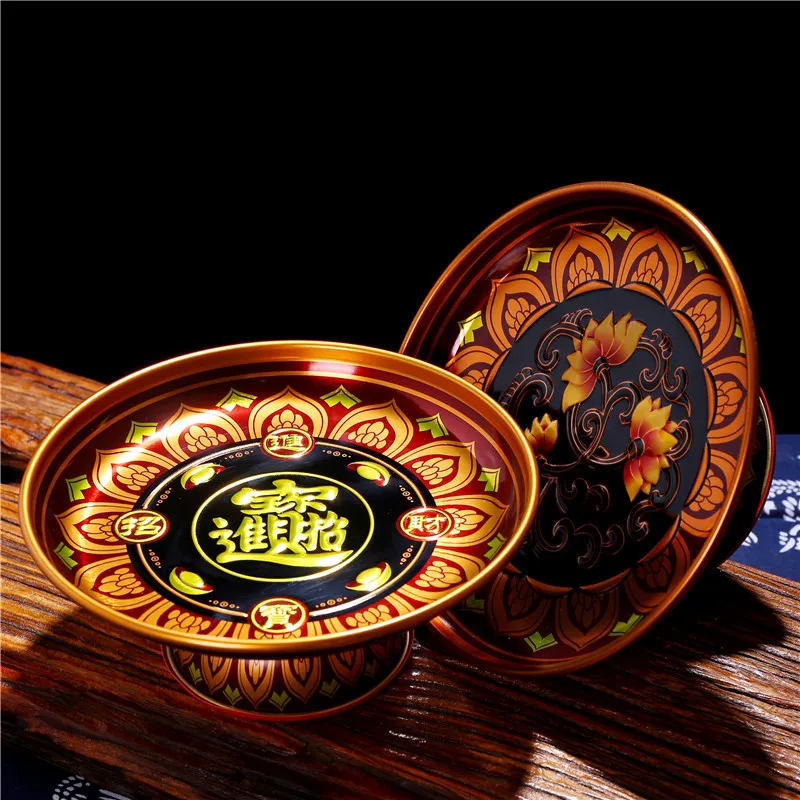 

New Tang Colorful Alloy Fruit Plate for Home Use Lotus Embossed Buddha Front Tribute Plate for Home Offering Fruit Plate
