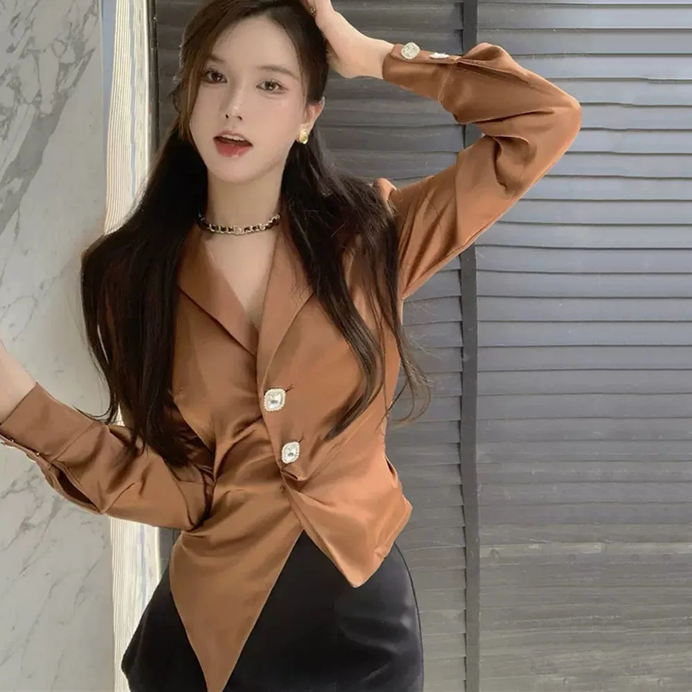 

Acetic Acid Women Shirts 2023 Irregular French Turn-down Collar Satin Blouses Ladies Autumn Unique Blusa Mujer Long Sleeve Tops