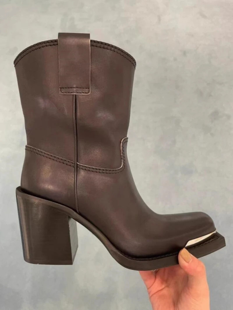 

Square Metal Toe Genuine Leather Mid-calf Boots Women Chunky Heels Slip-on Vintage Patchwork Casual Daily Cowgirl Shoes 2024
