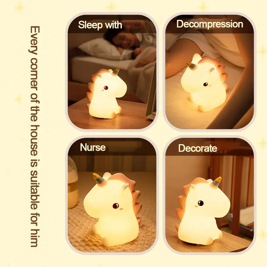 Unicorn Silicone LED Night Light - Rechargeable Cartoon Animal Bedroom Decor & Kids' Gift