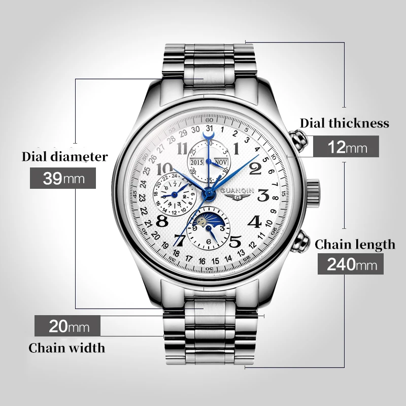 GUANQIN Multifunctional Mechanical Automation Men Watches Stainless Steel Waterproof Moon Phase Watch Sapphire Mirror Wristwatch Mechanical Watch