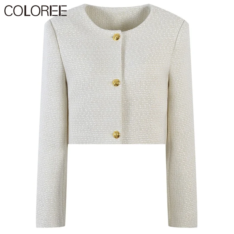 

Short Chaquetas Mujer 2023 Autumn Winter Korean Fashion White Tweed Jackets for Women O-neck Wool Jackets and Coats Femme