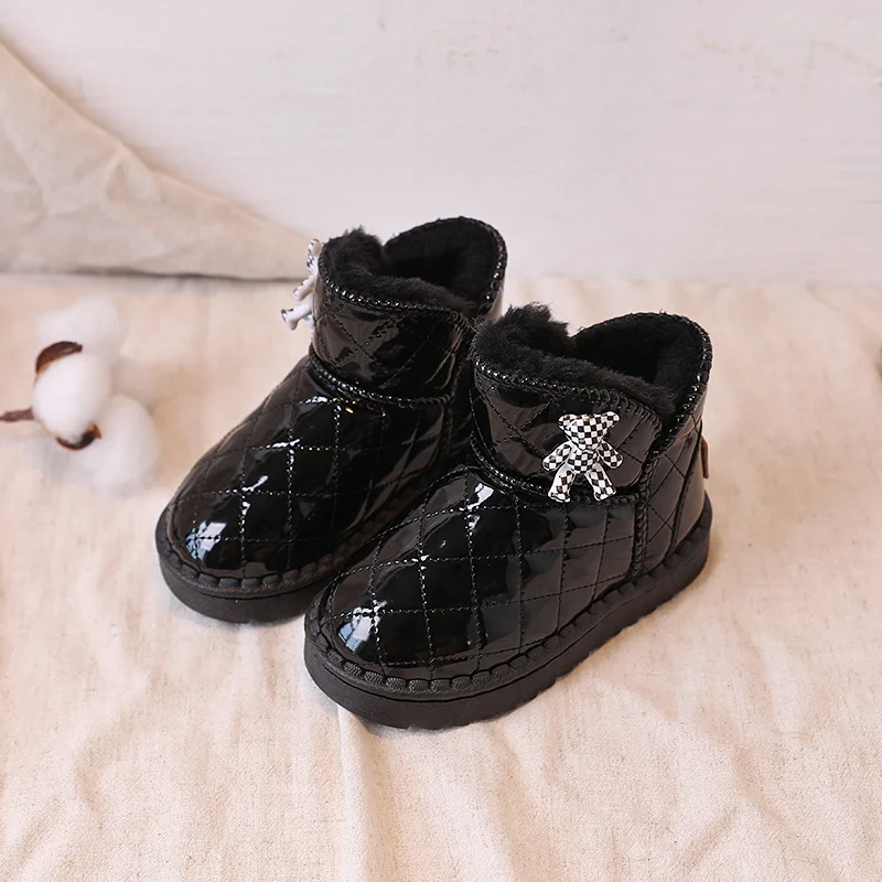 

Free Shipping Kids Plush Warm Snow Boots Winter 2023 Student Short Thick Cotton Ankle Boots for Girl Children Plaid Leather Shoe