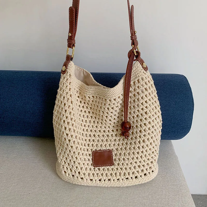 Beach Summer Bag for Women Mesh Woven Shoulder Bag Adjustable Strap Handbag Large Capacity Tote Bag for Travel Vacation