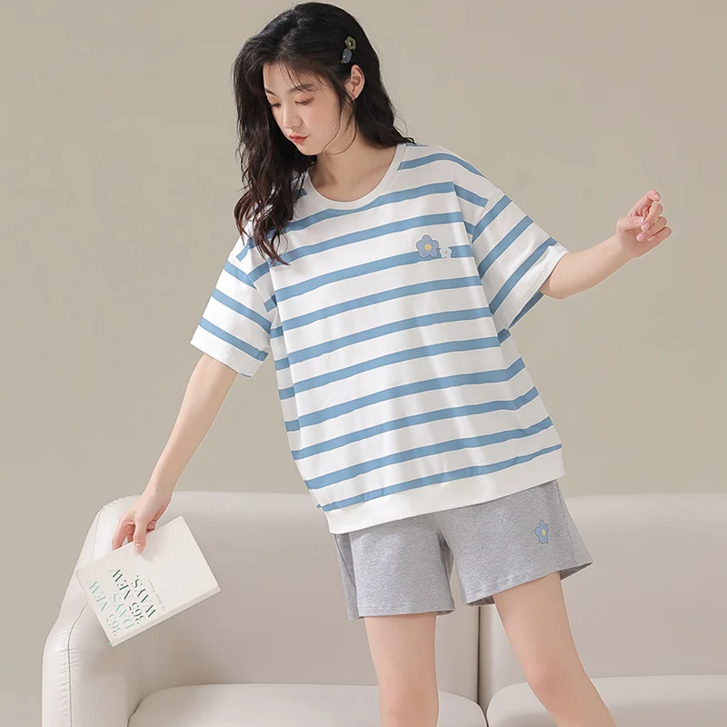 Knitted cotton women's pajamas double short suit 2024 summer new short-sleeved shorts casual simple stripe fashion home suit
