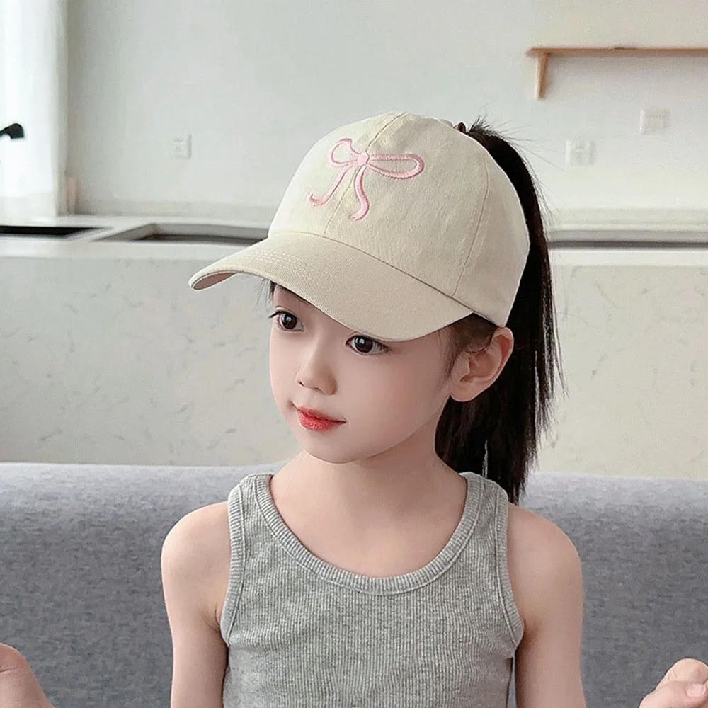 Bowknots Hollow High Ponytail Caps Kids Baseball Caps For Boys Girls Adjustable Empty Top High Ponytail Summer Sun Hats