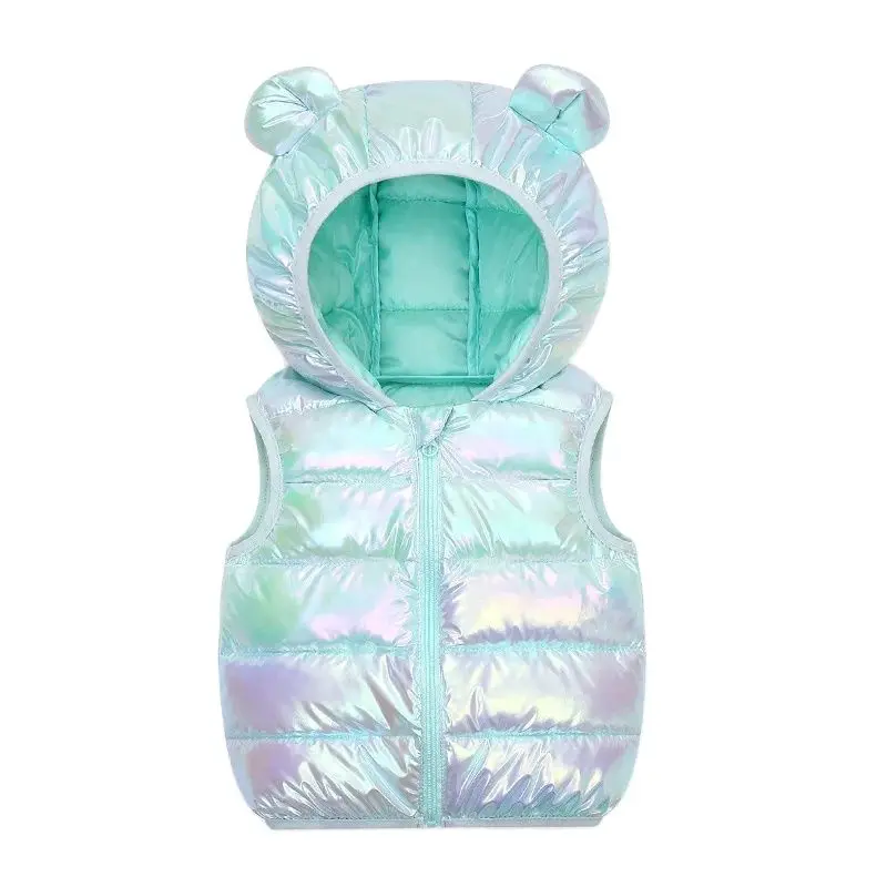 1-6Y Kids Shiny Hooded Puffer Vest Children's Colorful Metallic Sleeveless Jacket