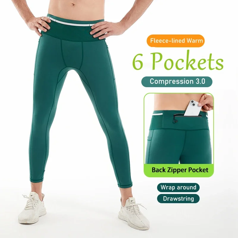 Fleece-Lined Nylon Marathon Running Compression Tights Leggings Men Jogging Fitness Training Sport Pants with Wrap Around Pocket