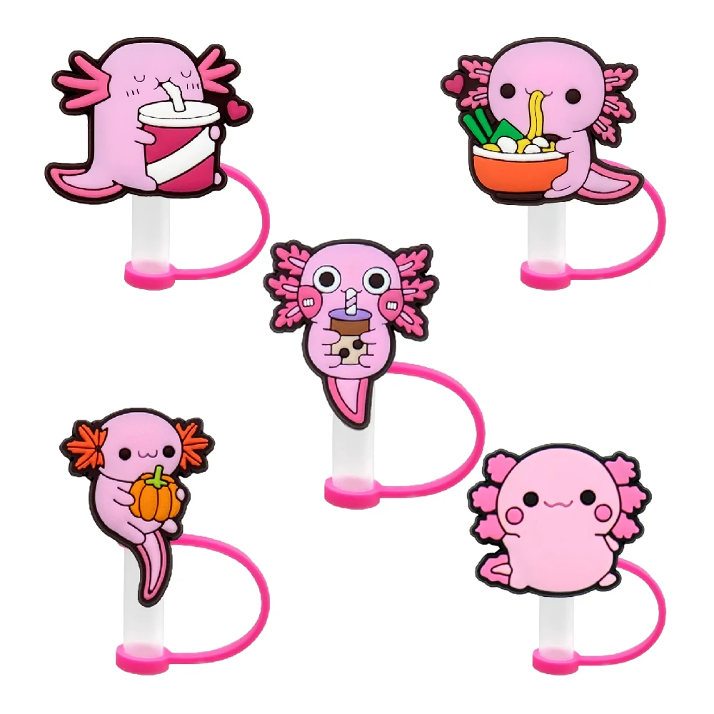 Silicone Cute Animals Straw Caps 8mm Pink Salamander Cats Butterfly Straw Toppers Cover Tumbler Cup Accessories Dust-proof 5pcs