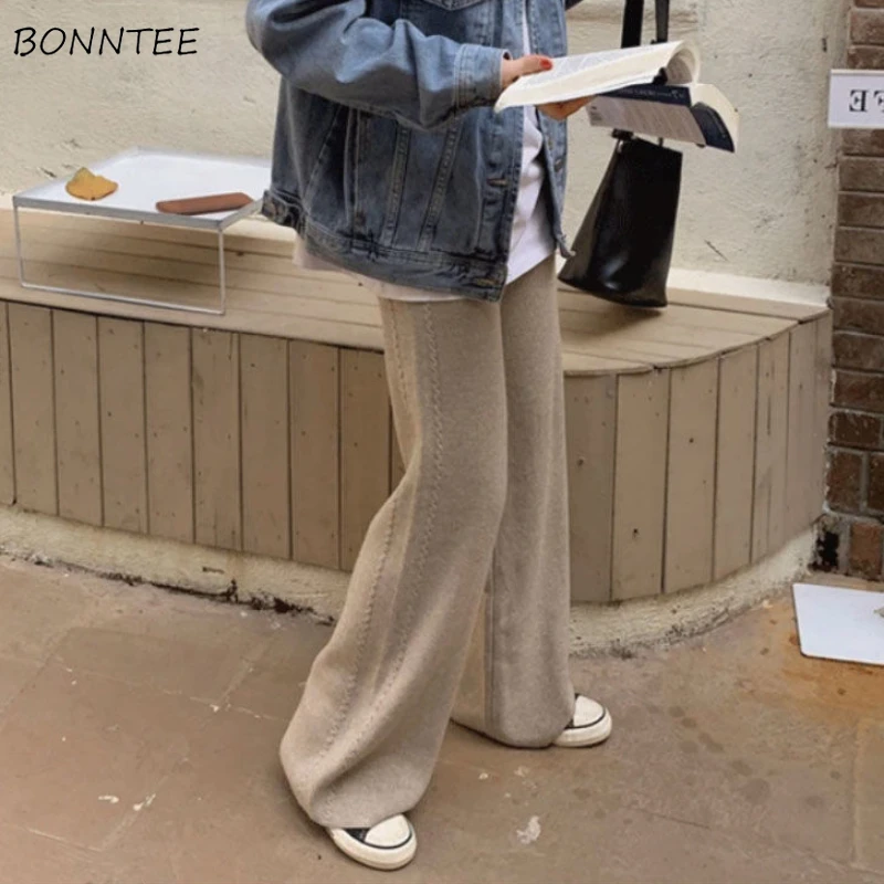 

Wide-leg Pants Women Design Knitting Winter Warm Thicker High-waist Loose Leisure Trendy Solid Simple Office Ladies Korean-style