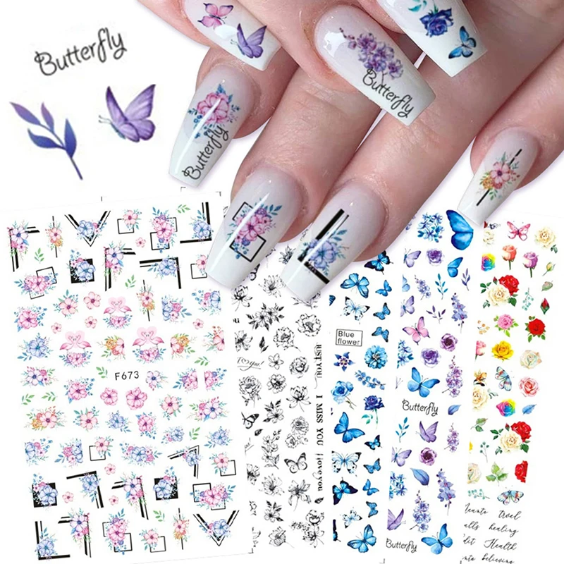 Luxury Nail Design Colorful Butterfly Nail Sticker 3D Fruit Floral Nail Art Slider Geometric Nail Art Accessories Sticker 3