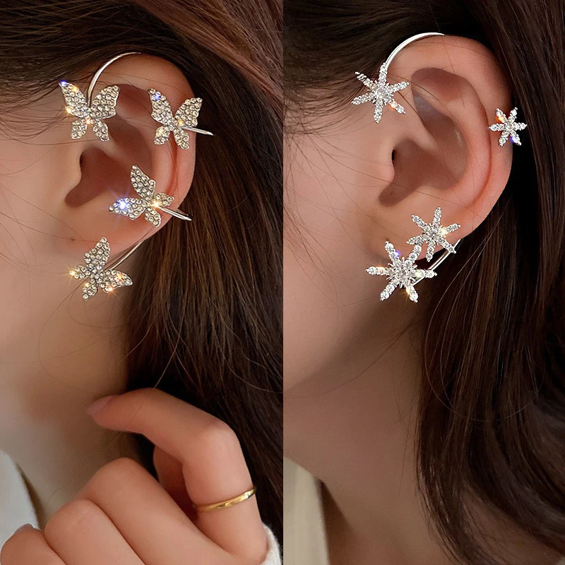Luxury Star Butterfly Clip Earrings Female Crystal Tassel Ear Clip Earring Sparkling Zircon Ear Cuff Fashion Jewelry accessories 4