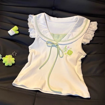 2025 Y2k Otaku Cute Four-leaf Print T-shirt Female Bow Kawaii Navy Collar Top Summer Flying Sleeve Patchwork Sweet Outfits Women 1
