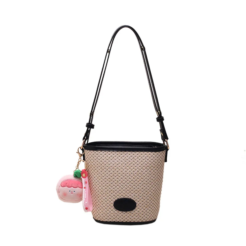 Bucket Bag Straw Woven Handbag Women Aesthetic Summer Fashion Contrast Color Trend Design Crossbody Bag Leisure Travel All-match