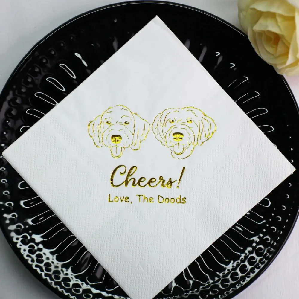 50 pcs Gold Foil Dog Wedding Napkins,Personalized Pet Cocktail Napkins,Cat Wedding Napkins,Illustrated Dog Napkins,