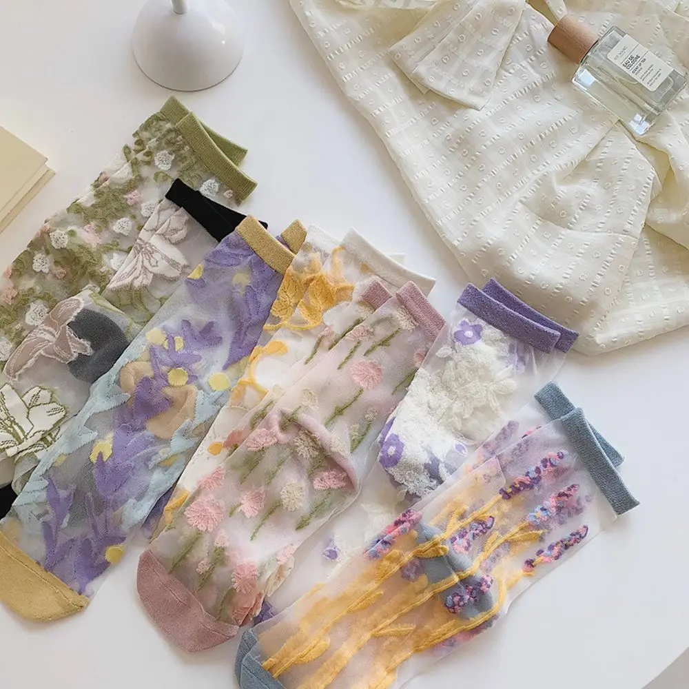 

Transparent Ultra-thin Crystal Silk Socks Girls Embroidery Summer Middle Tube Socks Women's Socks Floral Hosiery Flower Socks