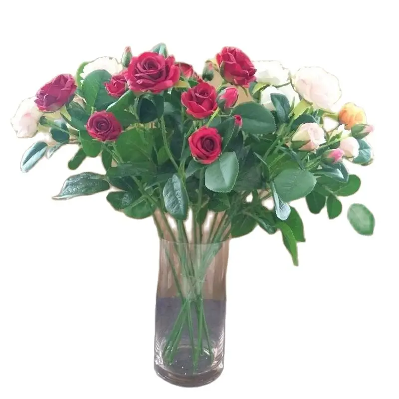 One Faux Short Stem Spring Rose (5 Teste/Pezzo) 17 "Lunghezza Simulazione Rosa Green Leaf Per Centrotavola Matrimonio 5 Colori Disponibili