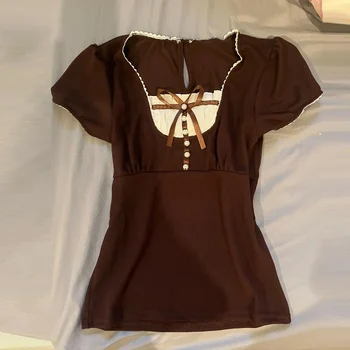 Preppy Kawaii Women T-shirt Cottage Y2K Aesthetic Vintage Milkmaid Top Tee Fairycore Grunge Square Collar Short Sleeve Crop Tops 1