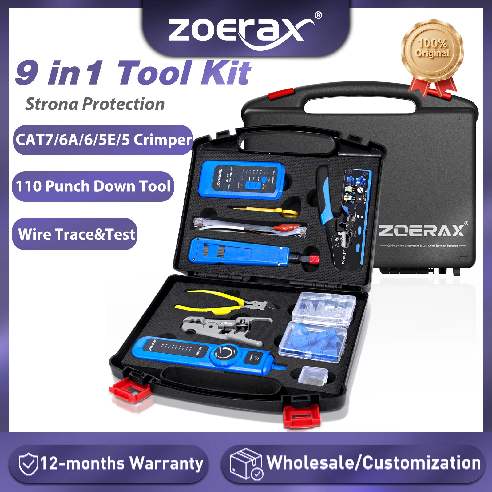 ชุดเครื่องมือเข้าหัวสาย ZoeRax 9 in 1 พร้อมเครื่องทดสอบ/ติดตามสาย, เครื่องเข้าหัว, หัวต่อ CAT6, ฝาครอบ, เครื่องเข้าหัวแบบ Punch Down, เครื่องปอกสาย, เครื่องตัด 1