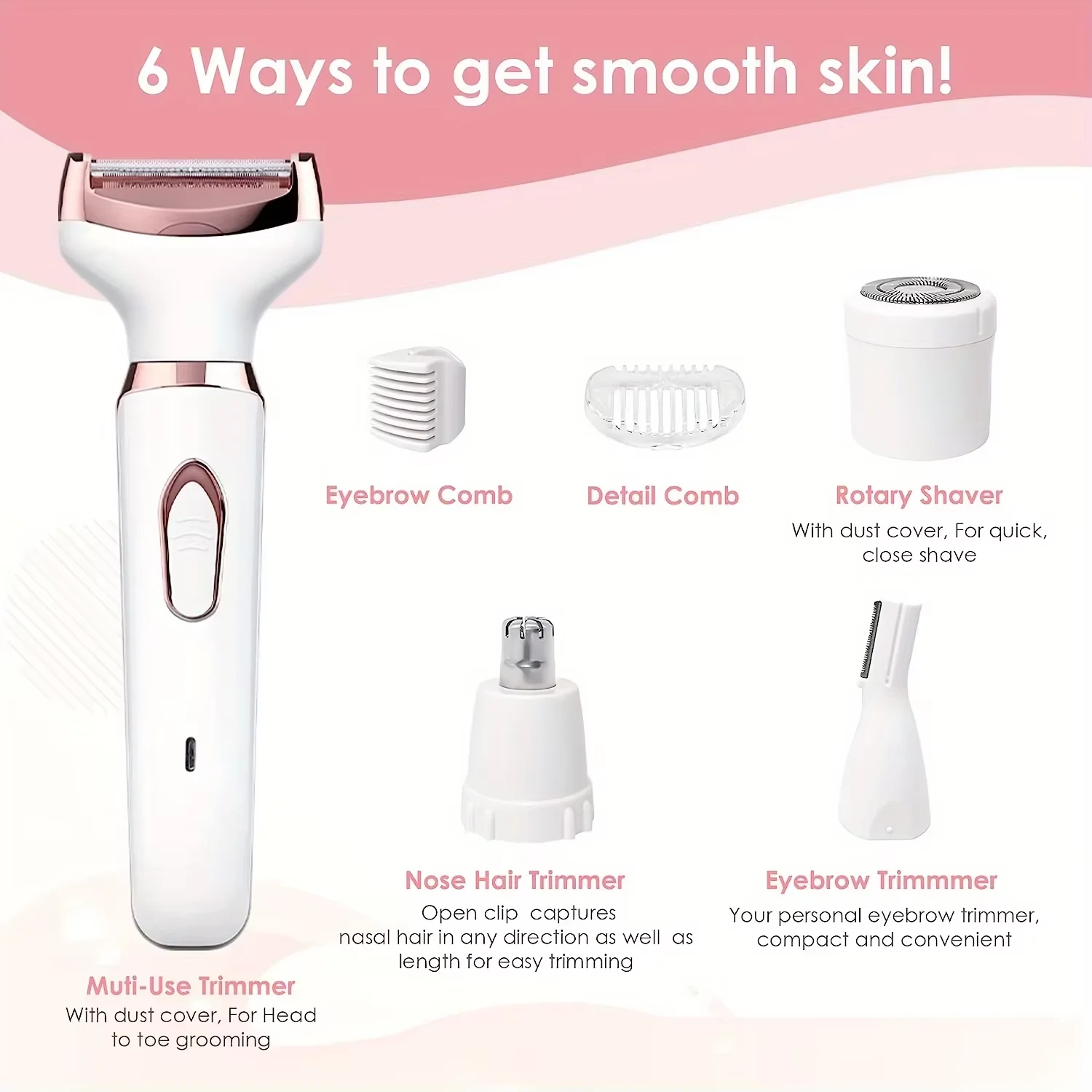 HOMEFISH 4 In 1 Electric Lady Shaver Body Hair Removal Epilator Painless Cordless Trimmer Razor Gifts For Women