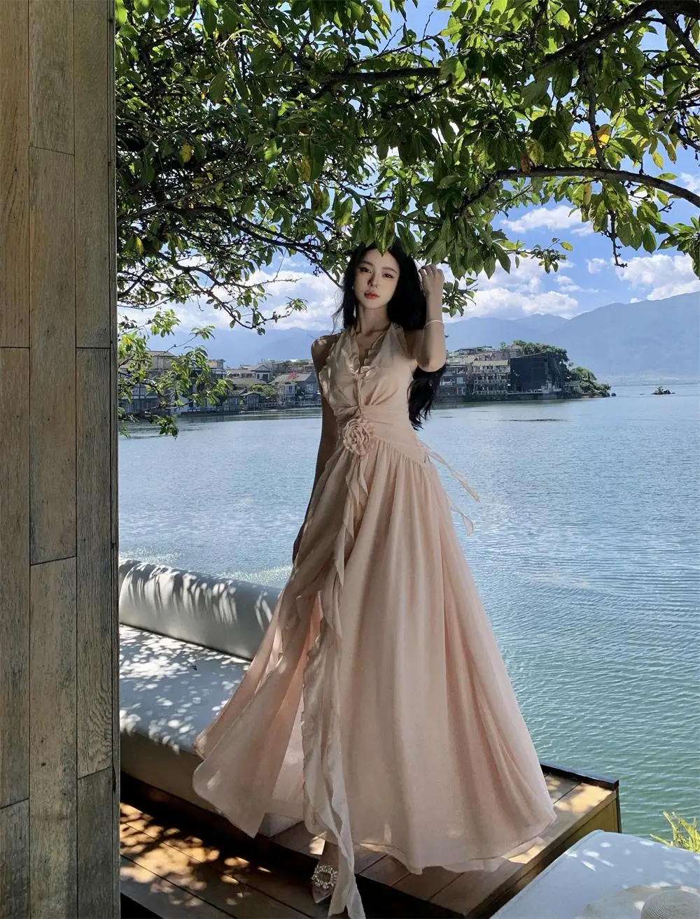 Summer New Ruffles A-line Long Dresses for Women Halter Backless Holiday Seaside Party Dress Korean Fashion One Piece Vestido