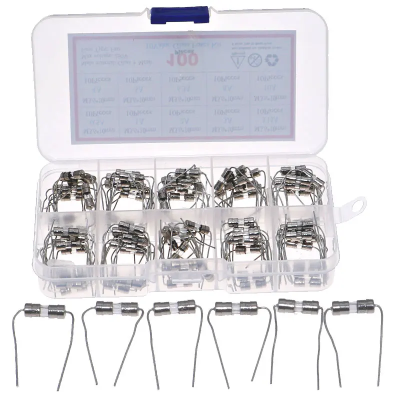 100pcs 10value 3.6*10mm 250V Double Iron Cap Axial Slow Glass Fuse kit Box With Lead Wire 0.5A 1A 2A 3A 3.15A 4A 5A 6.3A 8A 10A glass fuse kit