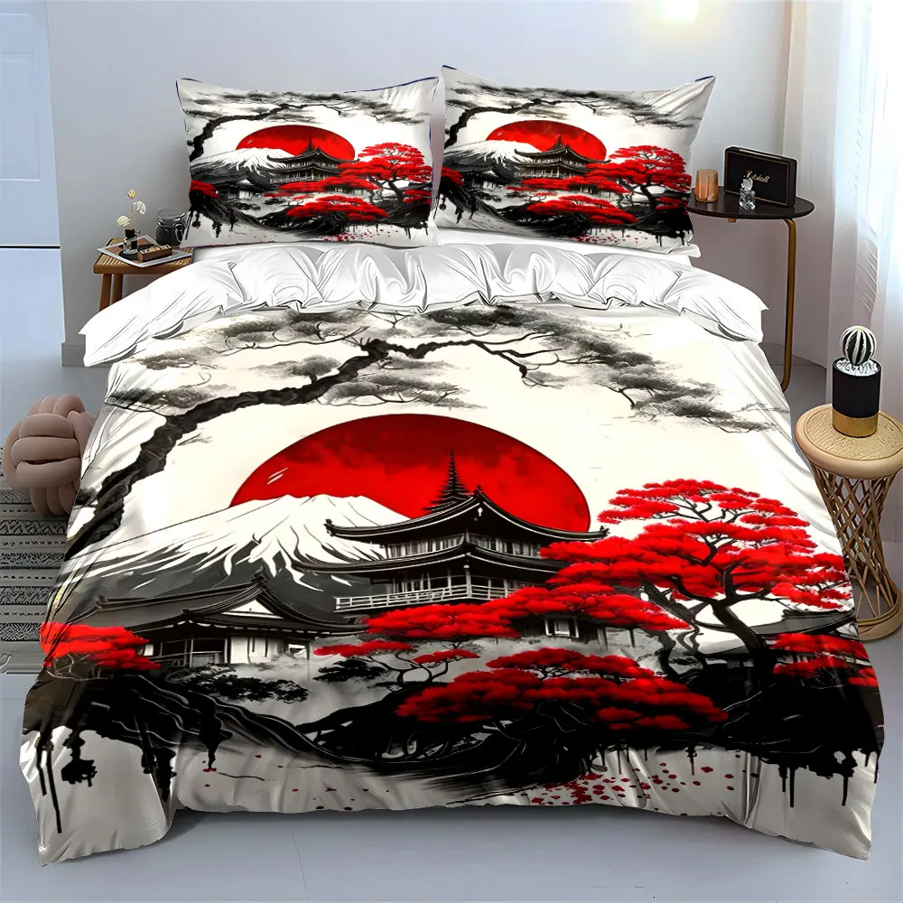 Red Sun, Snowy Peaks, Japanese Aesthetic Printed Duvet Cover Set1 Duvet Cover+2 PillowcaseMulti Size Bedroom Bedding Decor 3