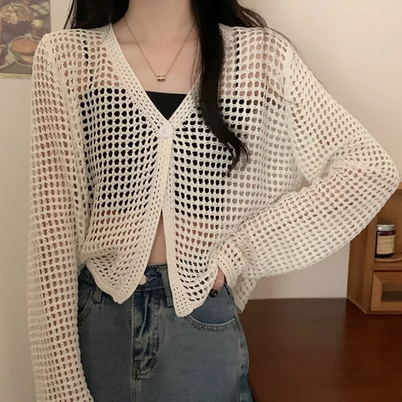 여성용 솔리드 캐주얼 루즈 비치 탑, 섹시한 할로우 아웃 니트 셔츠, V넥 긴팔 가디건 티셔츠, 용수철 여름