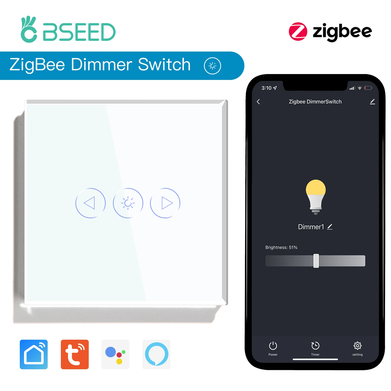 Zigbee Smart Switch BSEED Zigbee Dimmer Switches 1Gang 1Way Smart Light Touch Switch Wall Dimmable Switch Tuya Control Smart Life Google Alexa