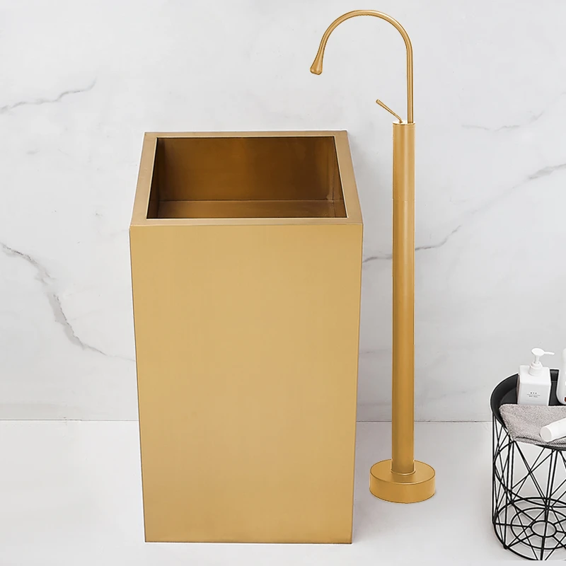 Gold square floor standing washbasin, 304 stainless steel column basin, hotel and homestay washbasin, washbasin