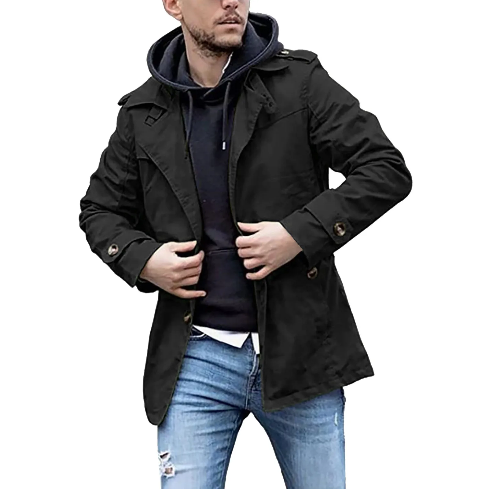 

Men's Trench Coat Long Lapel Solid Color Breasted Casual Trench Coat Overcoat Fashion Warm Coat Men Outwear
