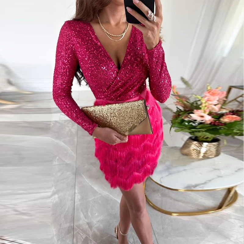 

Sexy Deep V-neck Sequin Gown Party Dress Women Spring Patchwork Soft Fur Bodycon Hips Dress Autumn Long Sleeve Office Mini Dress