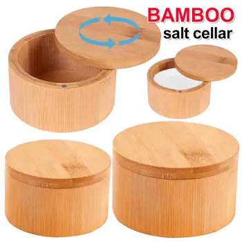 Cantina per sale in bambù con coperchio girevole con chiusura magnetica scatola portaoggetti in bambù contenitore rotondo per sale per conservare sale pepe zucchero erbe 1