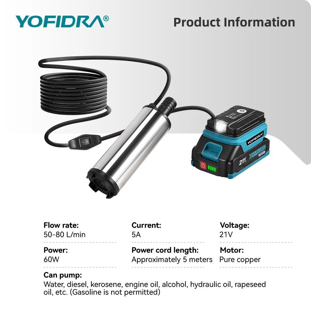 משאבת חשמלית מיני YOFIDRA 50-80 ליטר לדקה לשאיבת דיזל, שמן, מים והעברת דלק צוללת עבור סוללת Makita 21V