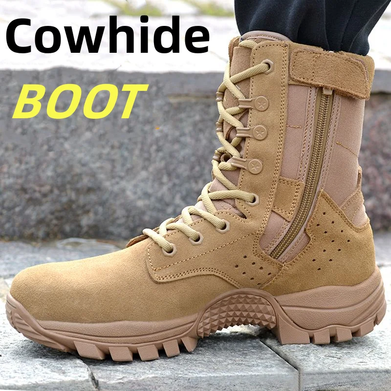 

Man's Cowhide Boots Fashion Zipper Shoe Desert Combat Army Military Tactical Boot Outdoor Walking Hiking Working Anti-skid Shoes