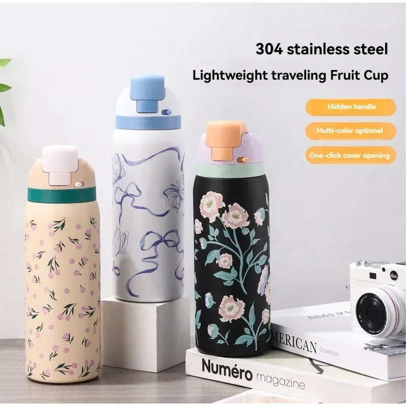 New Outdoor Products Fashion Cartoon Pattern Jump Cup Stainless Steel Insulated Bottle Arge-capacity Sports Kettle