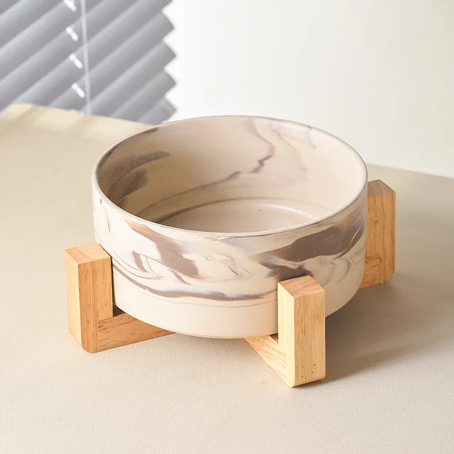 Marbling Ceramic Cat and Dog Bowl Medium Large Dog Feeding and Feeding Double Bowl with Wooden Rack Pet Puppy Accessories 6