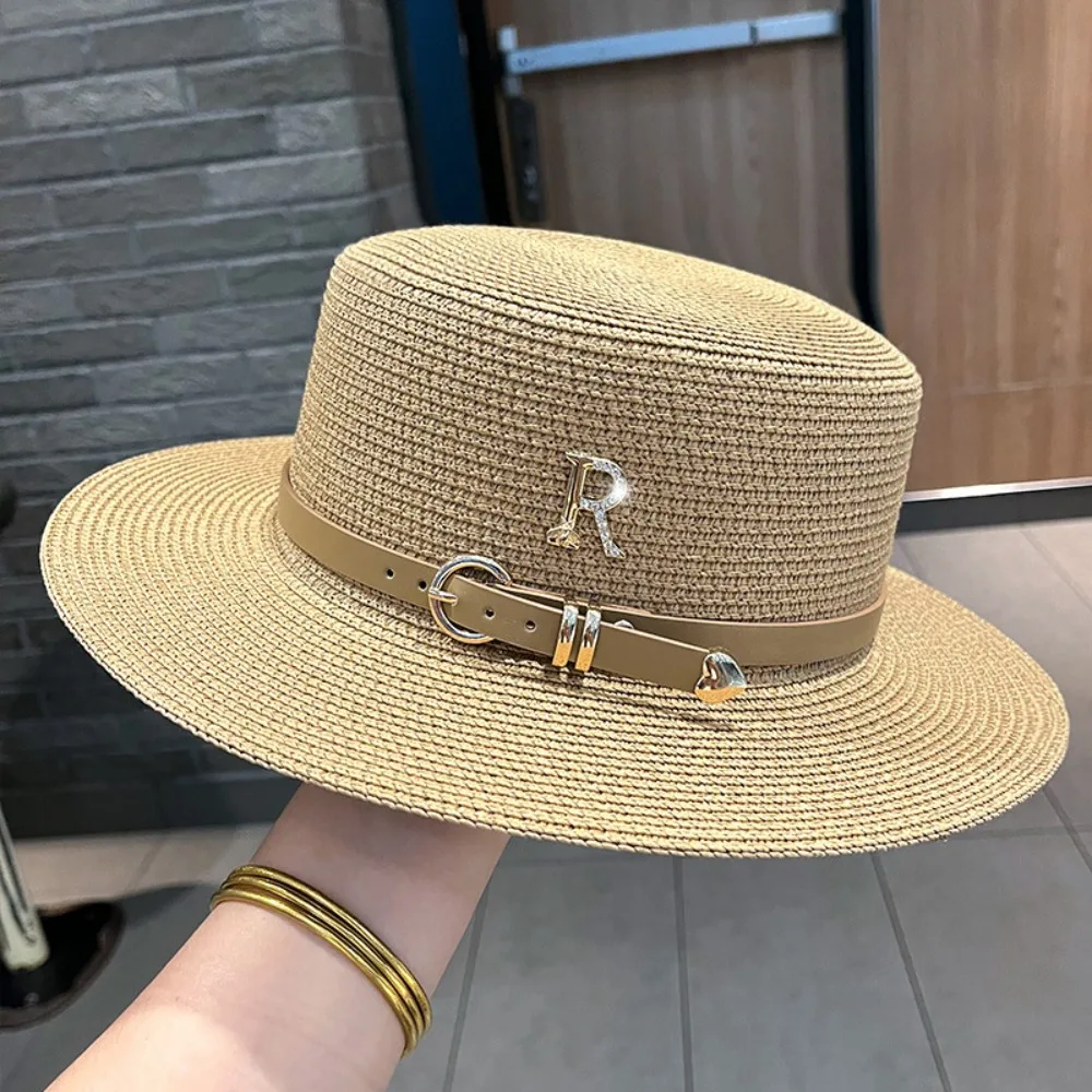 

New Metal R Letter Buckle Straw Hat Leisure Cap Summer Sunscreen Hat Women Fashionable Beach Hat Vintage Hat Church Hats