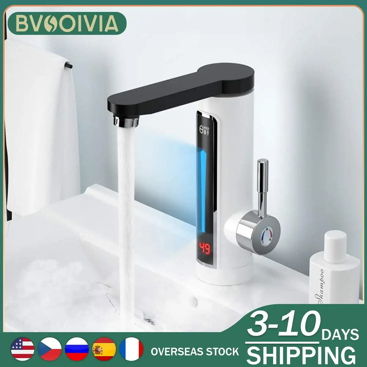 BVSOIVIA 3300W Electric Instant Water Heater Faucet Tap LED Ambient Temperature Display Bathroom Kitchen Instant Heating Tap