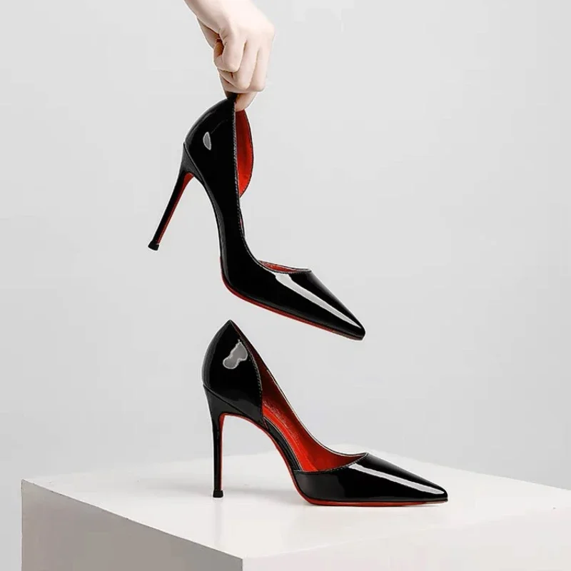 High Heeled Shoes with Side Air, Red Sole, Black Women's Shoes, Sexy Slim Heels, Pointed Toe, Patent Leather, Shallow Cut Heels