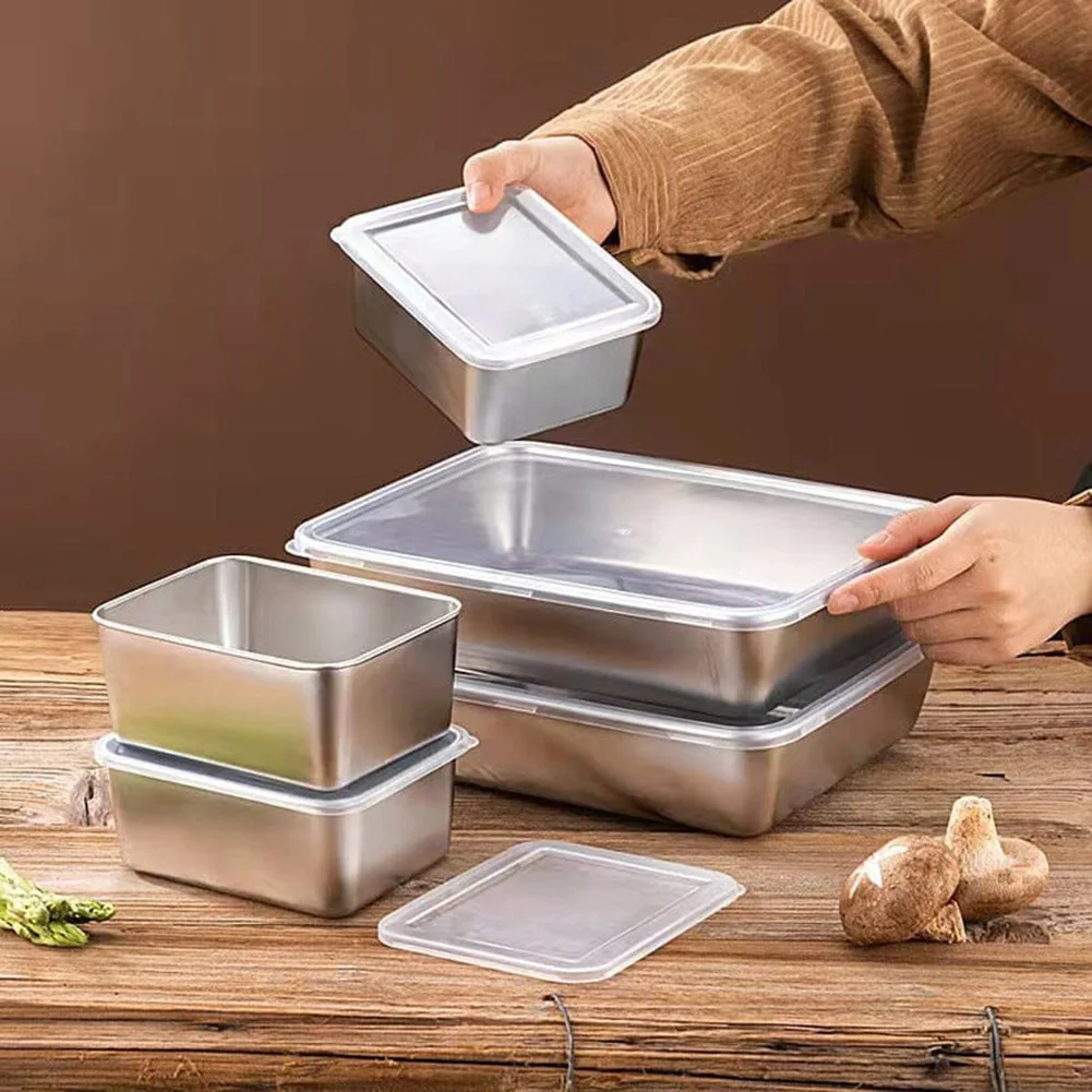 Food Storage Pan Thickened Square Plate Stainless Steel Rectangular Food Storage Pan With Lid Commercial Dish Tray Freshing Lunch Box Container