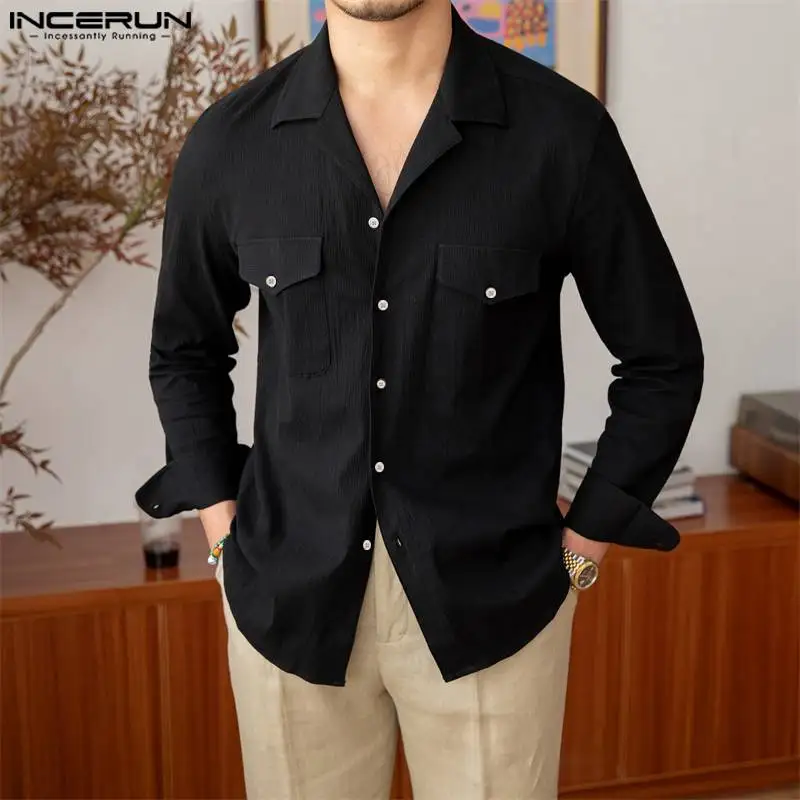 

INCERUN Men Casual Shirt Solid Color Korean Style Lapel Long Sleeve Men Clothing Streetwear 2023 Pockets Loose Fashion Shirts