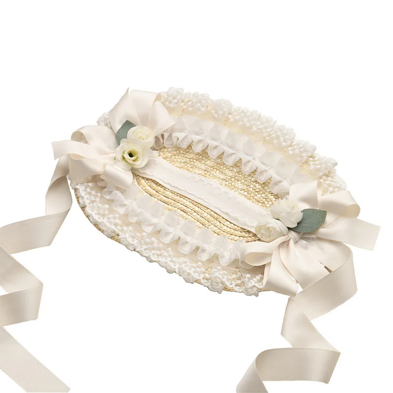 Fashion Pastoral Style Flat Top Cap Lace Flower Ribbon Straw Hat Lolita Hat Bonnet Cap French Hat All-match for Beach Vacation