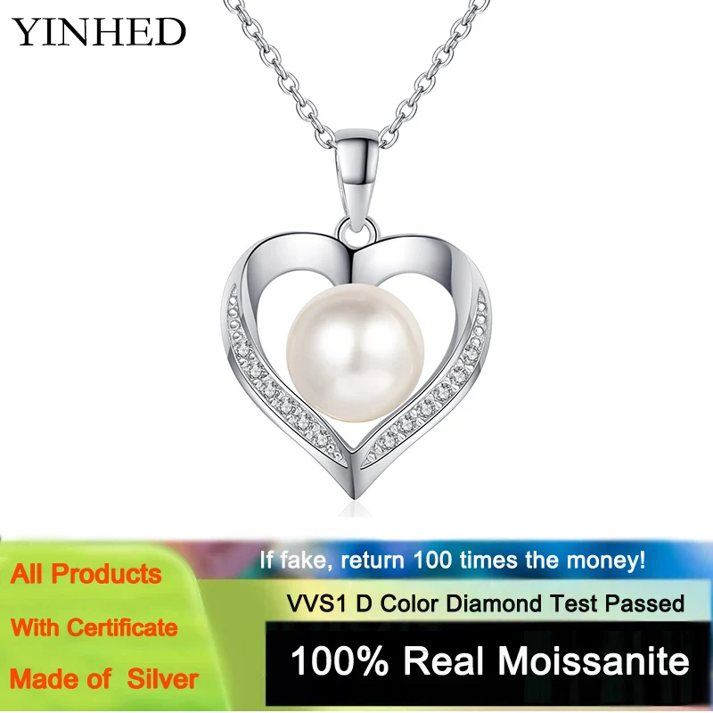 

Yanleyu 925 Sterling Silver Natural Freshwater Pearl Heart Pendant Necklace Inlaid with Moissanite Jewelry Plated with PT950