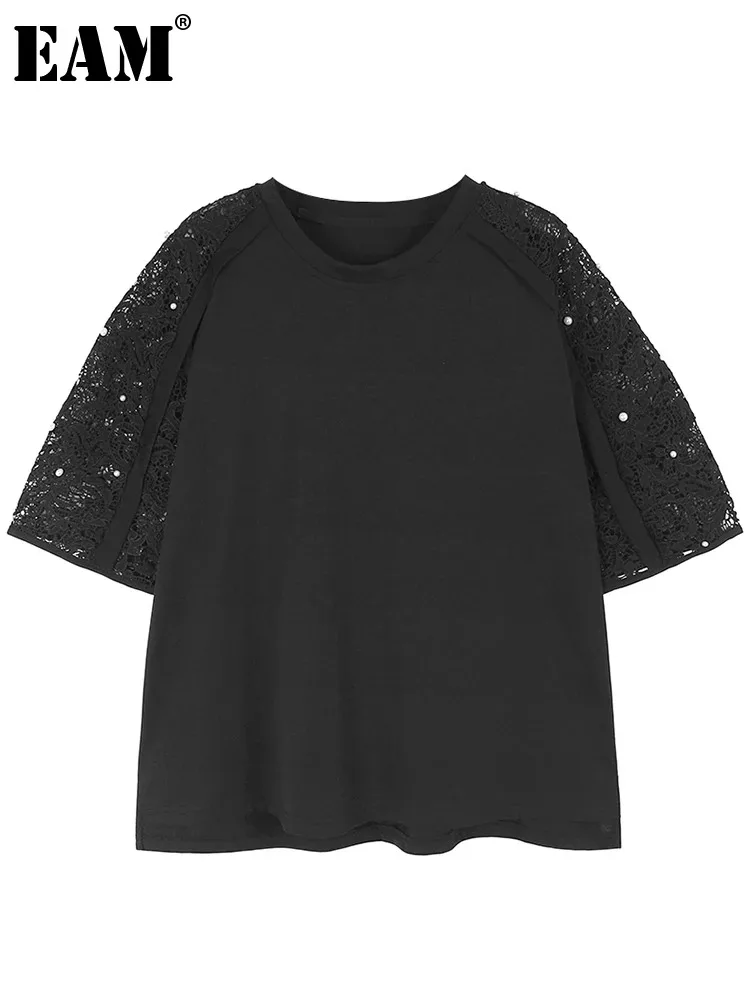 

[EAM] Women Black Hollow Out Big Size Elegant T-shirt New Round Neck Short Sleeve Fashion Tide Spring Summer 2024 1DH5710