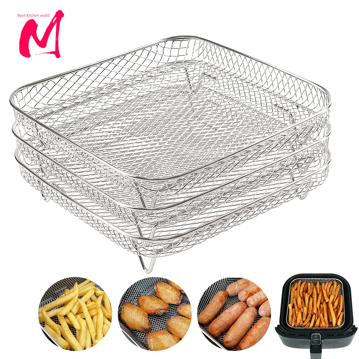 3-layers-Air-Fryer-Rack-Stackable-Grid-Grilling-Rack-Stainless-Steel ...