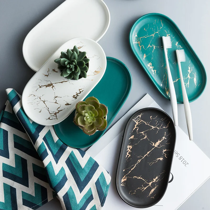 Jewelry tray ceramic soap holder Nordic ins ceramic marble oval tray jewelry storage tray bathroom cup bath decoration accessories soap holder golden wave WF