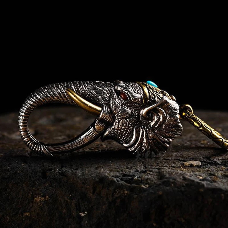 Silver Manual Elephant God of Wealth Pendant Ring Buckle Car Keychain Personality Creativity Vintage Jewelry