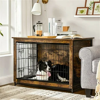 Large Elevated Dog Crate Wooden Dog Kennel Cage Pet House End Table with Double Door and Removable Tray Rustic Furniture Indoor 1