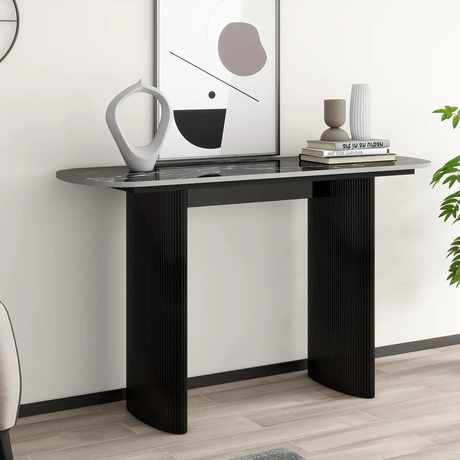 

Black Console Table with Marble, 47.2'' Sofa Accent Table Fluted Design, Table for Hallway,Living Room, Foyer, Easy Assembly